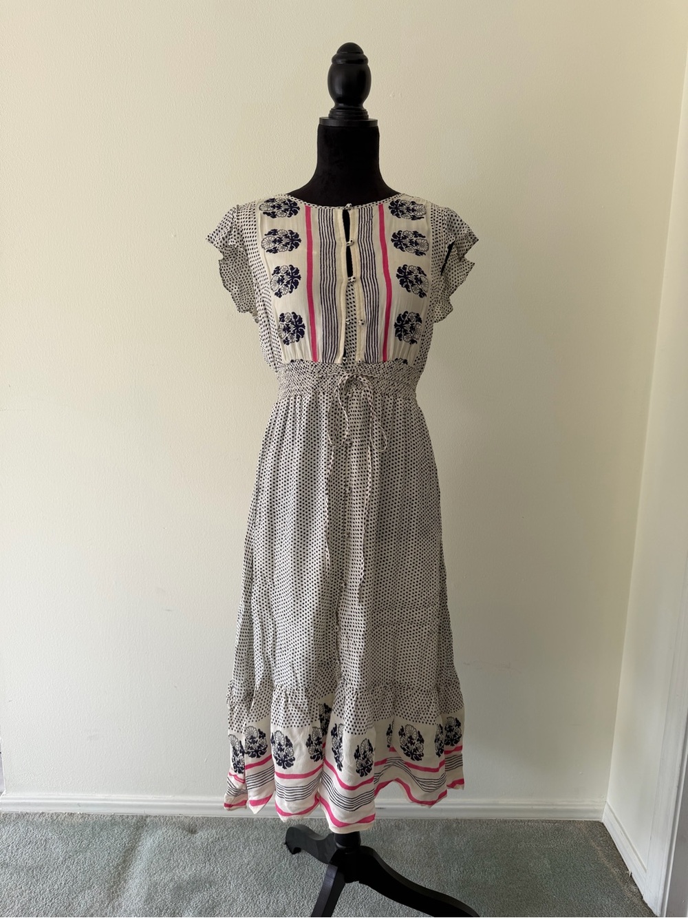 Lucky Brand Midi Dress with Navy Polka Dots & Pink Stripe Accents